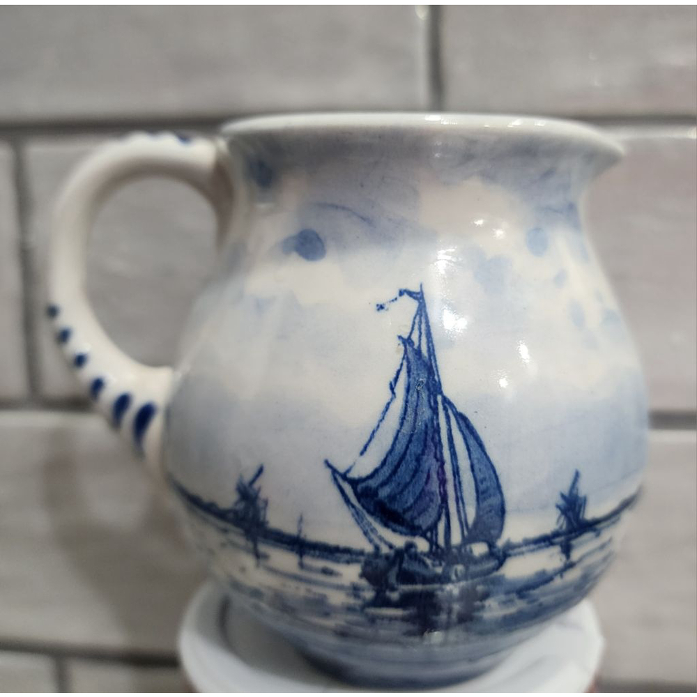 Blue And White Scenic Ceramic Pitcher, Excellent